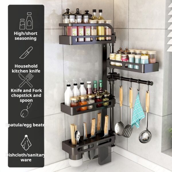 Rotating Kitchen Spice Rack Wall-Mounted Corner Spice Storage Rack Multi-Functional Multi-Tier Storage Rack - Image 2